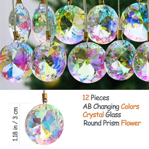12 Pcs Crystal Glass Christmas Balls Ornaments, 1.18″ Mini Round Prism Flower Xmas Tree Decorations, Hanging Ornament for Wedding Party Home Decor (Crystal AB)