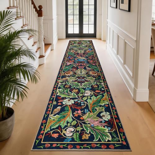 nesrt 2x10 Botanical Runners for Hallways Kitchen Rug Non Slip, Long Washable Boho Jungle Runner Rugs, Soft Floral Forest Birds Carpet Runner for Hall, Laundry, Bedroom, Bathroom (Dark Green)