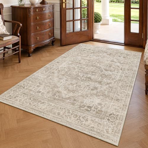 FMFUNCTEX 4x6 Washable Brown Neutral Oriental Distressed Entryway Area Rug