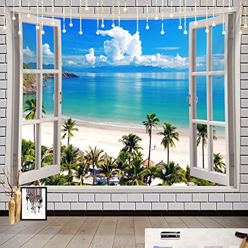 Ocean Beach Tapestry, Hawaii Sea Nature Fake Faux Window Art Tapestries Wall Hanging For Bedroom College Dorm Living Tropical Summer Room Office Decor 60X40" Aesthetic Poster