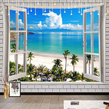 Ocean Beach Tapestry, Hawaii Sea Nature Fake Faux Window Art Tapestries Wall Hanging For Bedroom College Dorm Living Tropical Summer Room Office Decor 60X40" Aesthetic Poster