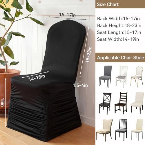 Fanfanwin 4 Pcs Black Chair Covers Ruched Swag Back Stretch Spandex Fitted Banquet Chair Covers with Foot Pockets for Wedding & Event Decor