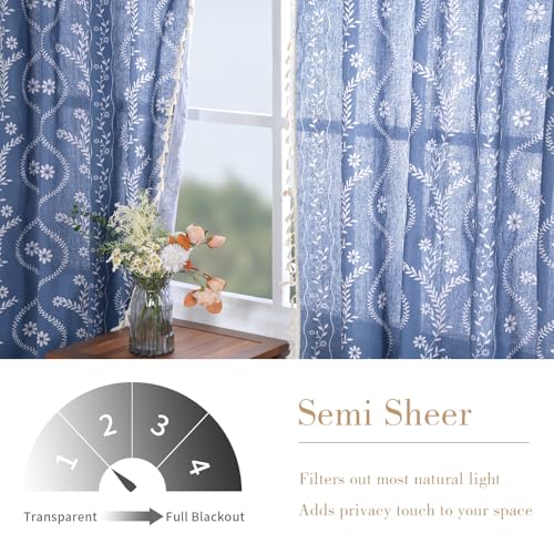 Schweek Blue Boho Curtains for Living Room, Western Rustic Floral Curtains 84 Inches Length, Semi Sheer Navy Blue Vintage Farmhouse Printed Patterned Curtain Drapes