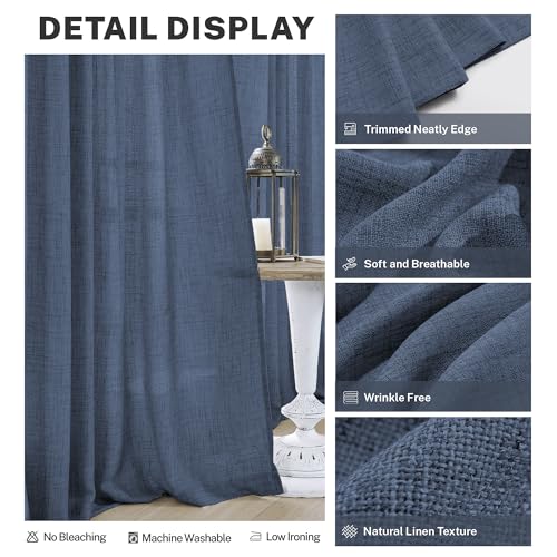 Navy Blue Polyester Curtains 96 Inches Long 2 Panel Set Midnight Blue Light Filtering Privacy Semi Sheer Curtain Panels Modern Farmhouse Window Drapes for Living Room Bedroom Indigo, 8FT