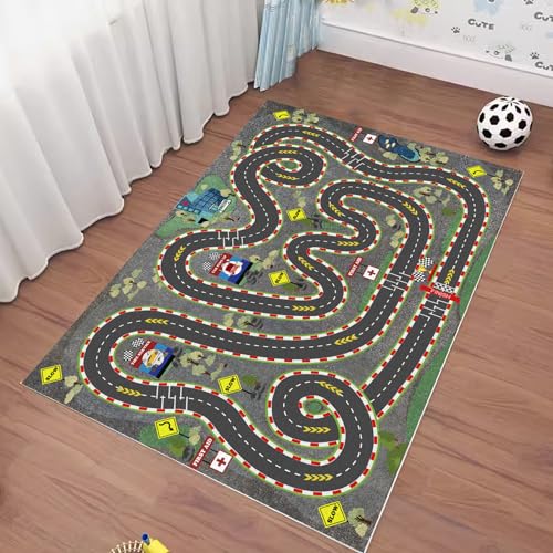 Kids Rug Car Rugs for Kids Toy Cars Play Mat City Life Road Rug for Cars Fun City Map for Carpet for Bedroom Boys (Wilderness Speed, 31 * 47 inches)
