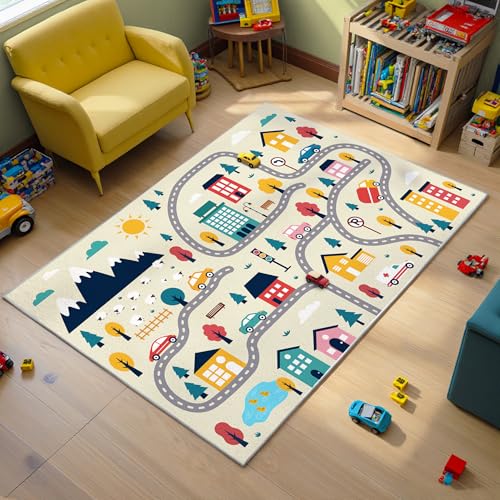 Enkor Kids Rugs, Non Slip 3' x 5' Road Playmat Carpet for Children, City Map Rugs for Playroom Bedroom Living Room Beige