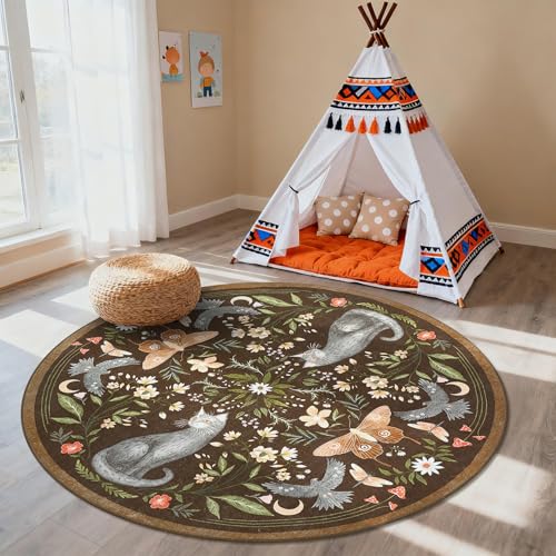 GarveeHome Round Area Rugs 6ft for Bedroom, Cat Brown Washable Circle Rug Soft Non Slip Mushroom Floral Floor Mat Carpet Indoor Thin Rug for Bedroom Dining Room Playroom Nursery Gothic Decor
