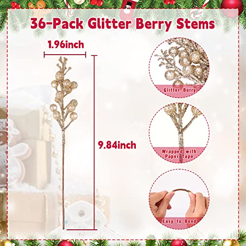 HOHOTIME 36Pcs Christmas Glitter Berries Stems, 9.5 Inch Artificial Christmas Tree Picks for Christmas Tree Decorations Ornaments DIY Crafts Vases Holiday Wedding Home Xmas Decor(Champagne)