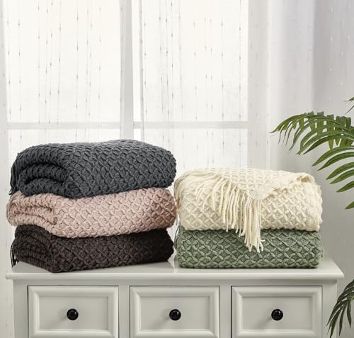 CREVENT Farmhouse Boho Knitted Throw Blanket for Couch Sofa Chair Bed Home Decoration, Soft Warm Cozy Light Weight for Spring Summer Fall (50''X60'' Sage Green)