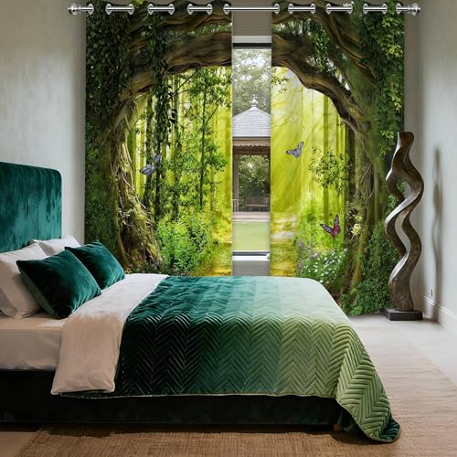 Enchanted Forest Blackout Curtains, 84 X 52 Inch, 2 Panels | Green Spring Tree Butterfly Scenic Nature, Woodland, Grommet Window Drapes, For Bedroom Living Room