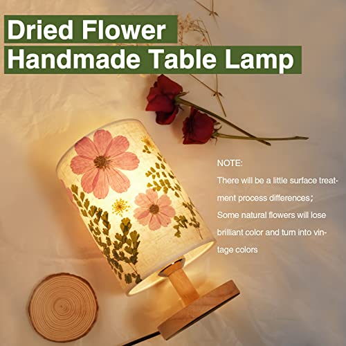 Dried Flowers Small Table Lamp 5W LED 3-Color Bedside Lamp Pressed Flowers Lampshade with Wood Base for Bedroom Living Room Desk Nursery