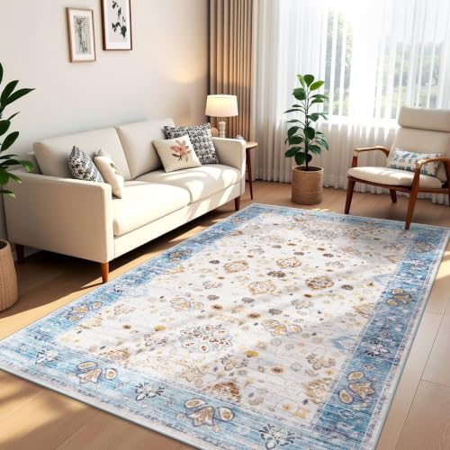 5x8 Area Rugs for Living Room, Washable Rug Vintage Floral, Blue