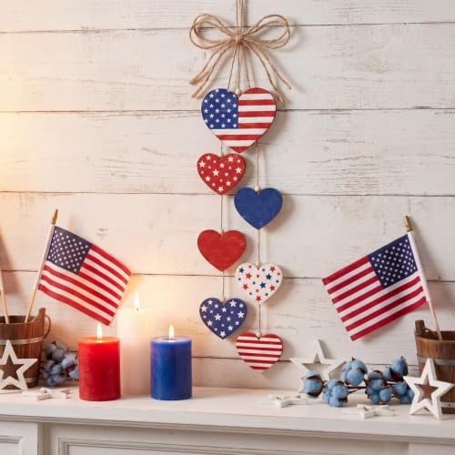 Capoda 4th of July Wood Hanging Decor Rustic Heart Patriotic Wreath Hanging Sign 250th Anniversary Independence Day Double-sided Wooden Wreaths, Labor Day Wall Decoration for Home Indoor Outdoor