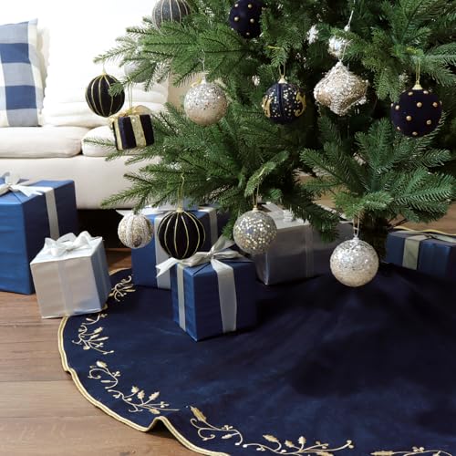 Bunny Chorus Christmas Tree Skirt, 60 inches Large Velvet Fur Plush Blue Tree Skirt, Xmas Tree Skirts with Gold Embroidered Holly Leaf for Merry Christmas Party Christmas Tree Decorations