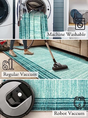 Lahome Modern Abstract Runner Rug, Washable Teal 2x6 Entryway Rug Runners Non Slip Hallway Runner, Low-Pile Soft Bathroom Runner Rug 6ft Kitchen Carpet Runner for Laundry Bedroom