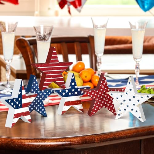 6 PCS 4th of July Wooden Signs, Red White Blue Star Patriotic Table Decor | Stable Base for Steady Standing, 4th of July Decorations, Table Shelf Tray Decor, 250th Anniversary, Memorial Day Display
