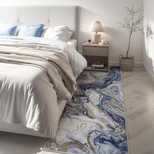 PADOOR Abstract 2'x6' Runner Rug, Washable Non-Slip Low Pile, Marble Blue
