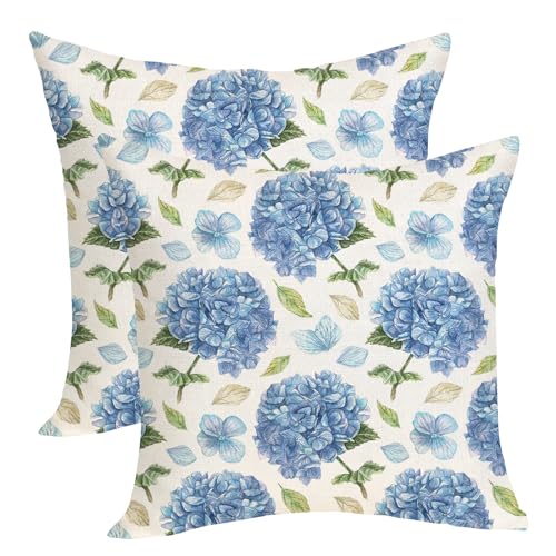 Spring Floral Pillow Covers 18x18 Pack of 2 Blue Hydrangea Flower Throw Pillow Covers Decoration,Summer Holiday Decor Pillowcase Rustic Farmhouse Linen Cushion Case for Home Sofa Couch Outdoor