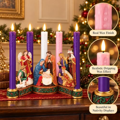 Christmas Flameless Advent Candles, Taper Church Christian Decor, Real Wax