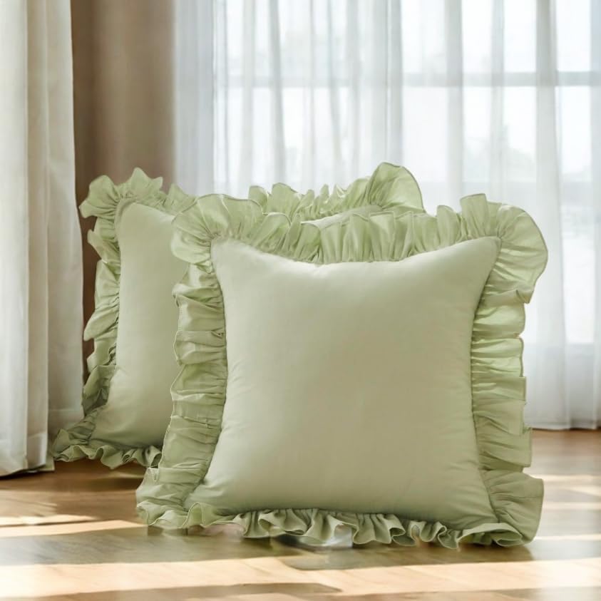Lemfux Green Ruffle Throw Pillow Covers 20x20 Set of 2, Cotton Decorative Cushion Covers for Sofa, Couch, Bed, Shabby Chic Farmhouse Style, Coquette Home Decor