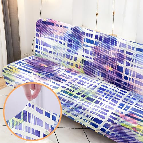 Hixingo Stretch Armless Futon Cover, Futon Mattress Cover Soft Futon Covers with Elastic Bottom, Tie Dye Futon Slipcovers Washable Futon Couch Cover (Medium (63-75"),Geometry)