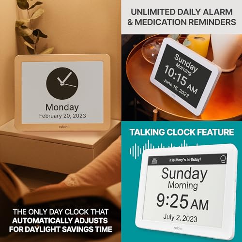 Robin Day Clock 2026 for Seniors, 12" Large Digital Calendar Dementia Clock with Talking Function, Alarms, Easy-to-Read Display for Elderly, Day Date Time, Medication Reminder, DST, White