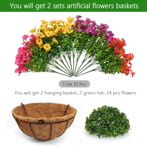 2 Set Artificial Outdoor Flowers with Hanging Basket for Garden Porch Patio Balcony Yard Home Decoration