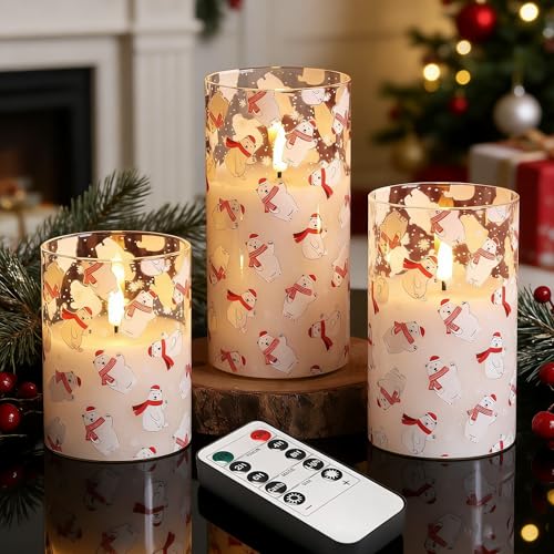 Bear Christmas Glass Flameless Pillar Candles with Remote Set of 3