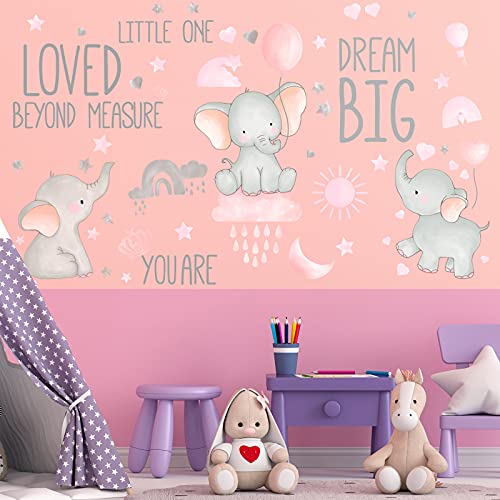 Outus 7 Pcs Dream Big Little One Elephant Nursery Wall Stickers Wall Decor Baby Room Moon Hot Air Balloon Pink Grey Stars Decals for Kids Living Room Bedroom Decorations Home Decor