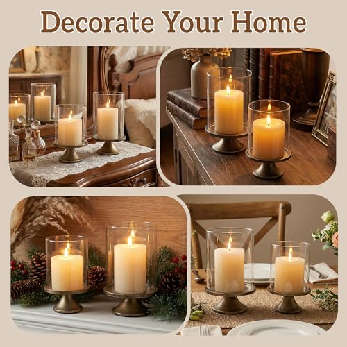 Set of 2 Hurricane Candle Holder Set with Glass Dome & Iron Base – Elegant Decorative Pillar Candle Holders for Living Room, Dining Room & Bedroom Centerpiece - Ideal Home Décor