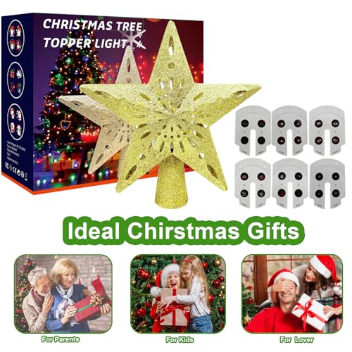 10" Christmas Tree Topper Projector with 6 Projection Modes, Built-in LED Rotating Light, 3D Glitter Dynamic Projector Light Up Tree Topper Star for Xmas Holiday Party Decorations Gifts (Gold)