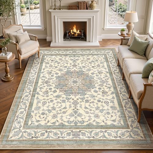 8x10 Area Rugs for Living Room, Washable Distressed Boho Non Slip Large Rug, Soft Low Pile Stain & Fade Resistant Carpet for Bedroom, Dining Room, Home Office, Cream Blue