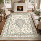 8x10 Area Rugs for Living Room, Washable Distressed Boho Non Slip Large Rug, Soft Low Pile Stain & Fade Resistant Carpet for Bedroom, Dining Room, Home Office, Cream Blue