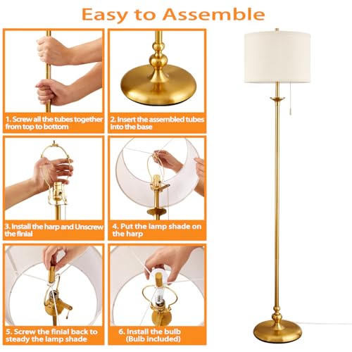 60" Gold Floor Lamp, Standing Lamp for Living Room, Bedroom, Office & Dining Room - Tall Corner Floor Lamps with Pull Chain Switch, Soft Lighting Farmhouse Design - Modern Floor Lamp (Bulb Included)