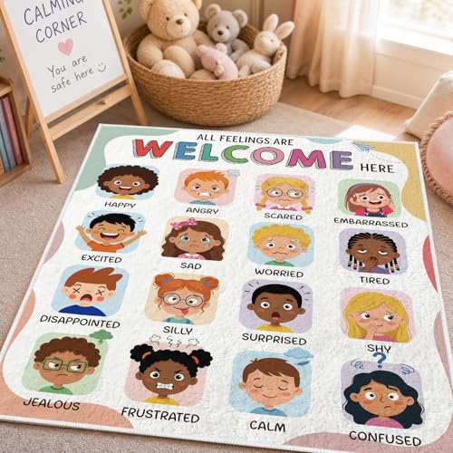 Calming Corner Rug Classroom, Calm Down Corner Rug 4 X 3.3 Ft, Soft Chart Emotion Mental Health Floor Mat for School Bedroom Playroom