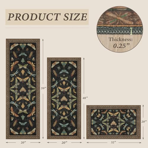 JTJ 3 Piece Kitchen Rug Set with Runner, Washable Vintage Insect, Black