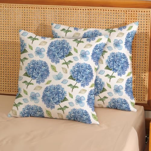 Spring Floral Pillow Covers 18x18 Pack of 2 Blue Hydrangea Flower Throw Pillow Covers Decoration,Summer Holiday Decor Pillowcase Rustic Farmhouse Linen Cushion Case for Home Sofa Couch Outdoor