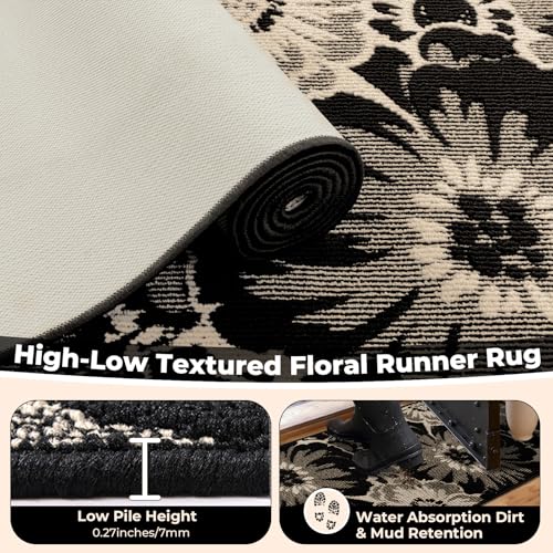 Findosom Hallway Runner Rug 2x8, Non Slip High-Low Textured Floral Washable Runner Rug with Rubber Backing, Boho Carpet Runner for Kitchen, Entryway, Bedroom, Laundry, Black & Beige