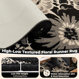 Findosom Hallway Runner Rug 2x8, Non Slip High-Low Textured Floral Washable Runner Rug with Rubber Backing, Boho Carpet Runner for Kitchen, Entryway, Bedroom, Laundry, Black & Beige