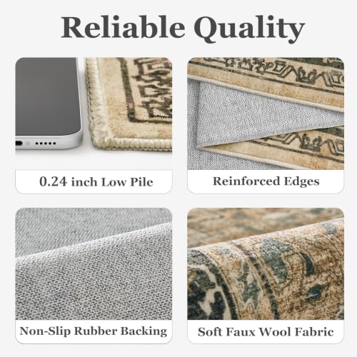Vintage Distressed 5x8 Area Rugs for Living Room Bedroom, Low Pile Machine Washable Non Slip Dining Room Carpet Rugs for Under Table/Home Office/Kitchen, Multi Brown with Olive Accents