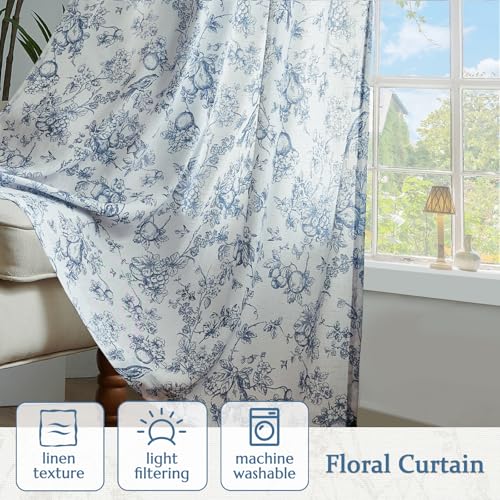 Vangao Linen Floral Curtains for Living Room 84 Inch Length Toile Blue and White Drapes French Country Back Tab Light Filtering Printed Farmhouse Bedroom Rod Pocket Window Treatments 2 Panels