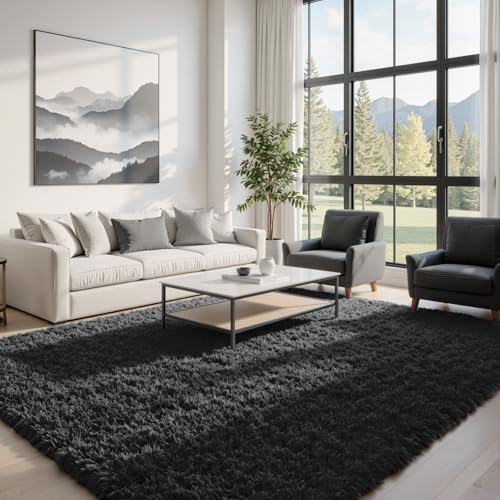 6x9 Fluffy Shag Area Rugs for Living Room Bedroom: Soft Plush Carpet Black