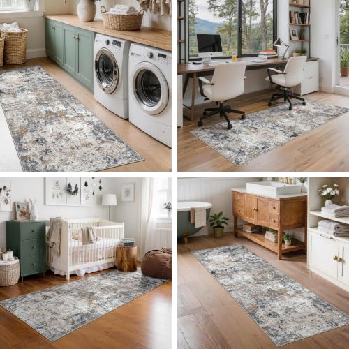 Washable 2x6 Runner Rug, Blue Rust Abstract Non-Slip for Hallway, Kitchen