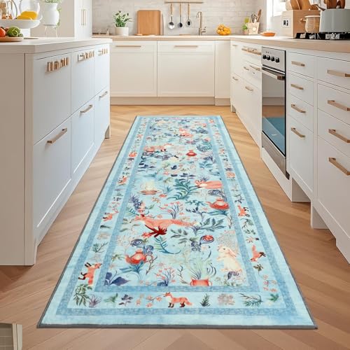 nesrt Animal Botanical Runner Rugs for Hallway 2x6ft, Non Slip Kitchen Rug Washable, Soft Low Pile Fox Bedside Runners, Cute Woodland Accent Floor Carpet for Bedroom Hall Bathroom Laundry (Blue)