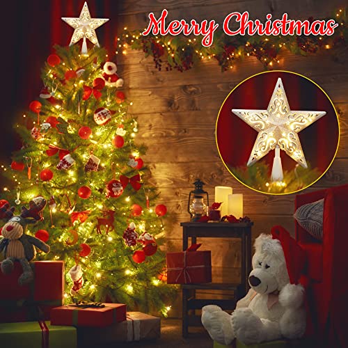BrizLabs Lighted Christmas Star Tree Topper, 8” Silver Star Xmas Treetop with 10 Lights, UL Certified Plug-in Warm White Tree Topper for Holiday Christmas Tree Decor