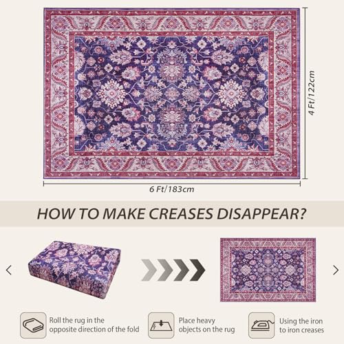 Purple Area Rugs for Living Room, 4x6 Washable Rugs for Bedroom, Non-Slip Retro Floral Carpet for Girls's Beside Dorm Entryway Office Kitchen Dining Room, Blue and Purple