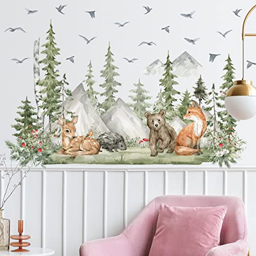 Amaonm 4 Sheet of 12x36 inch Giant Mountain Forest Tree Wall Decal Woodland Deer Bear Fox Birds Wall Stickers 3D DIY Peel and Stick Jungle Wild Animal Pine Wall Decor for Kids Boys Bedroom Playroom