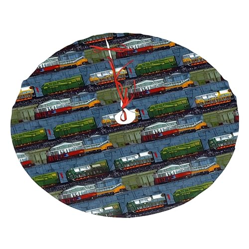 Train Cars Print Christmas Tree Skirt Plush Soft Xmas Tree Mat Christmas Decoration for New Year Holiday Xmas 30"