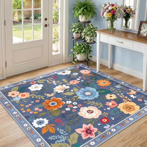 RELEANY Floral Washable Square 5ft Area Rug Blue/Grey