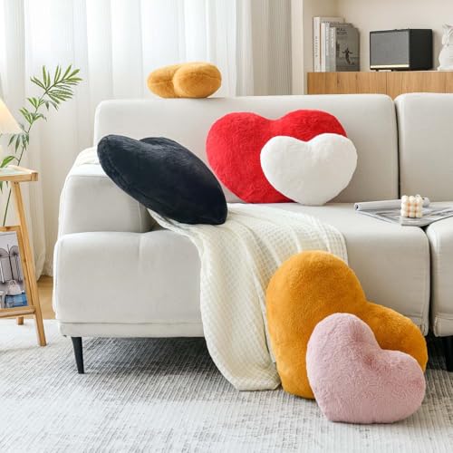 XVTRU Dusty Pink Heart Pillows, Cute Heart Decorative Pillow, Heart Shaped Throw Pillows for Bed, Faux Rabbit Fur Plush Hoom Decor Pillow Cushion for Chair Sofa Living Room (Medium-15.7"x11.8")